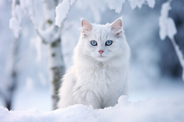White cat with long fur and blue eyes in snow landscape