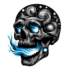 Starry skull with blue fire illustration, design element for tattoo, t shirt, logo, poster, card, banner, emblem