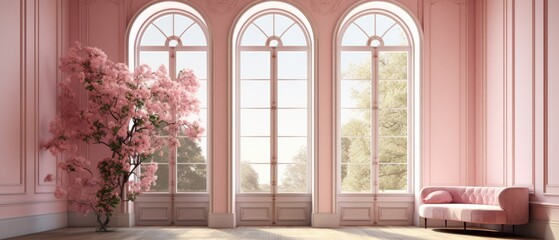 Elegant interior design with pink cherry blossoms and classic architecture. Home decor and spring season.