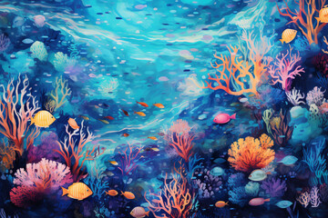 Fototapeta na wymiar Nature, marine life, art, animals, graphic resources concept. Colorful sea life gouache or oil painting background illustration with copy space
