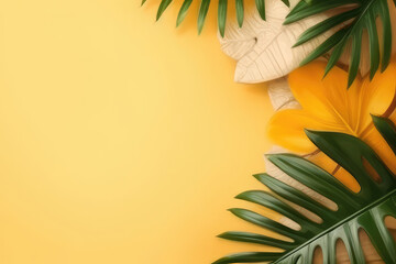 palm leaves on a yellow background mock up empty space for text Generative AI.