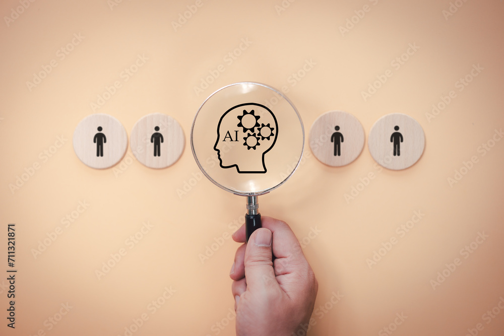 Aufkleber the concept of using ai to replace humans hand holding a magnifying glass with ai icons