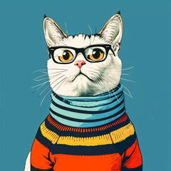 Hipster Cute Pop Art Cat Illustration, Generative AI