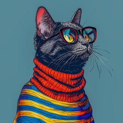 Hipster Cute Pop Art Cat Illustration, Generative AI