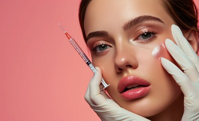 Obraz premium Woman gets beauty facial injections. Mature woman receiving hyaluronic acid treatment. Healthy face skin care beauty, skincare cosmetics, cosmetology concept. 