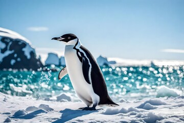 Witness the charm of a chinstrap penguin as it stands proudly on the beach in the icy landscapes of Antarctica.