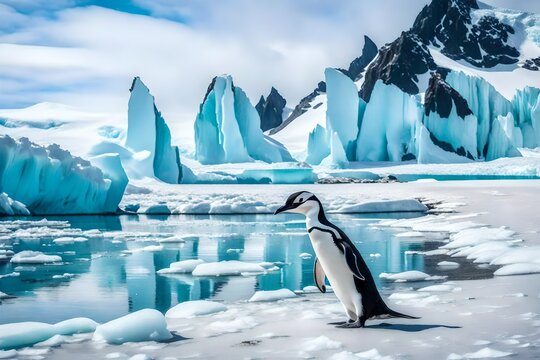 Explore the breathtaking beauty of Antarctica with a captivating image of a chinstrap penguin on the frosty beach.
