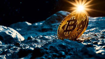Bitcoin on the Moon - highest price concept - obrazy, fototapety, plakaty