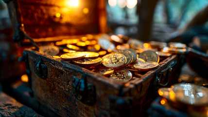 Old wooden chest full of golden Bitcoin - modern digital treasur