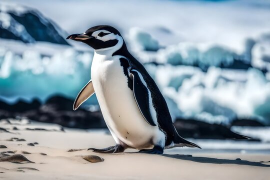 Experience the stark contrast of life against the frozen backdrop with a captivating image of a chinstrap penguin on the beach, a symbol of resilience in Antarctica.