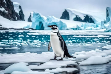 Fototapeten Step into the untamed beauty of Antarctica with a mesmerizing photograph featuring a chinstrap penguin exploring the pristine shores of the tranquil beach. © Zaitoon