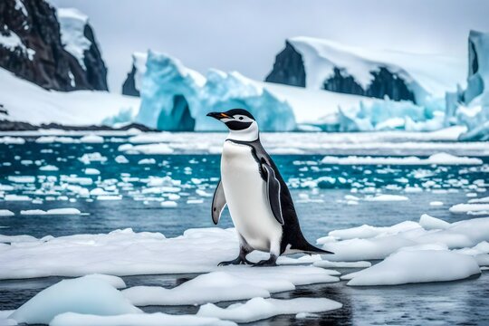 Step into the untamed beauty of Antarctica with a mesmerizing photograph featuring a chinstrap penguin exploring the pristine shores of the tranquil beach.
