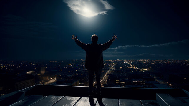Male sleepwalker on roof at night