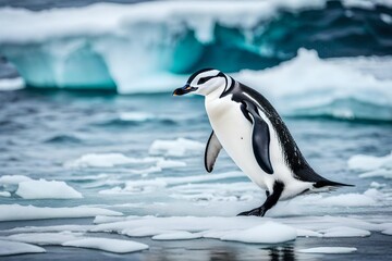 Capture the poetic beauty of a chinstrap penguin on the beach against the vast and untouched backdrop of Antarctica's icy landscapes.