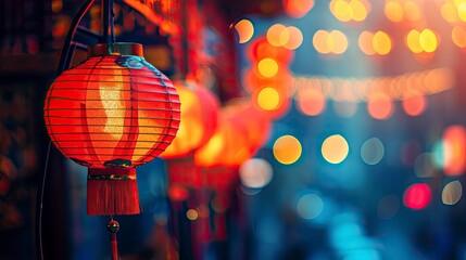 Chinese New Year background, lanterns in Chinese city, blur background, copy space - generative ai