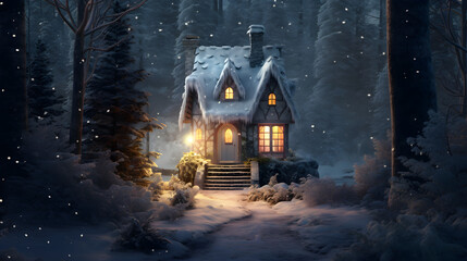 A fairy-tale house in a winter snowy forest. Santa's hut. House of gnomes - obrazy, fototapety, plakaty