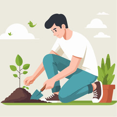 vector characters of a young man planting trees in a simple and minimalist flat design style