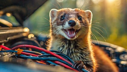 an insidious and toothy marten gnaws at the cables in the engine compartment of a new car - obrazy, fototapety, plakaty
