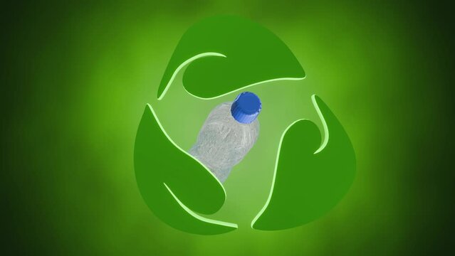 3d animation of biodegradable sign and empty plastic bottles