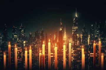 Foto auf Acrylglas Glowing candlestick forex chart over dark city backdrop. Trade, stock, finance concept. Generative AI © Safi