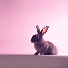 Cute rabbit is sitting in the corner on a pink background.