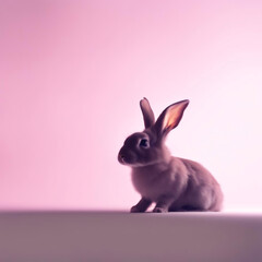 Obraz premium Cute rabbit is sitting in the corner on a pink background.