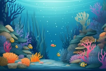 Scene of underwater with coral reef and various fishes. Generative AI