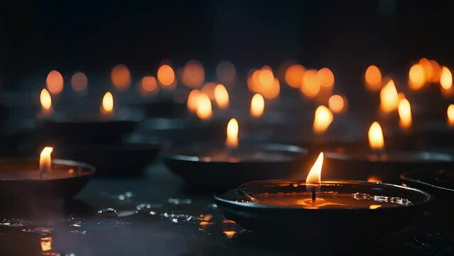 Dark and moody shot of a candles wick slowly smoldering and emitting a thin stream of smoke.