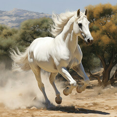 Majestic White Horse Running Free in the Vast Desert Landscape
