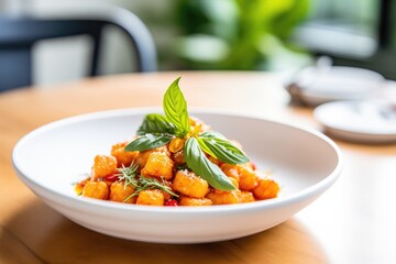 side shot of gnocchi in tomato sauce with a basil leaf
