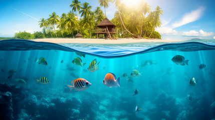 Water level split view of tropical island and fish swimming underwater