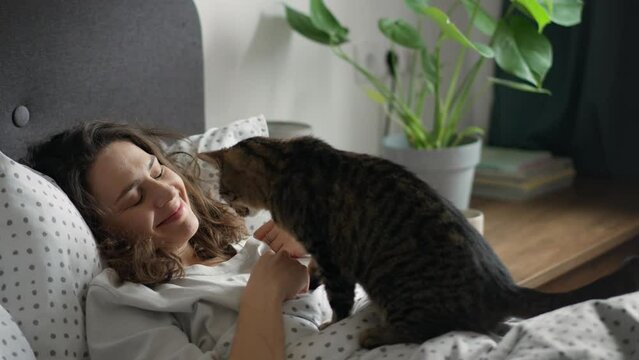 A young Caucasian woman and her gentle gray cat are relaxing lying in bed in the morning