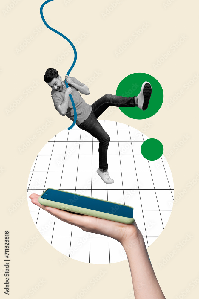 Poster 3d magazine collage image of funky guy hanging rope scaring falling modern device isolated beige col