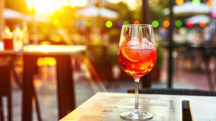 Aperol Spritz cocktail on summer restaurant patio, sunset