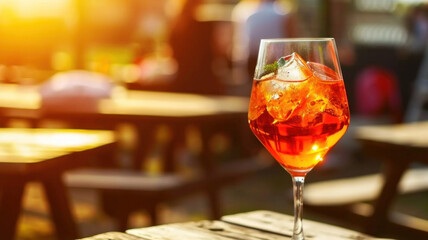 Aperol Spritz cocktail on summer restaurant patio, sunset