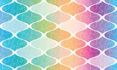 Seamless geometric rainbow pattern of shapes with wave lines in pastel colors. Vector image