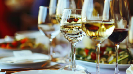 Glasses of red and white still wine on restaurant table, wine tasting event