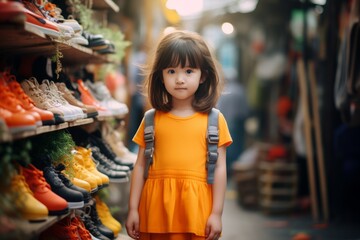 Adorable little girl choosing shoes in the shop. Kid fashion concept.