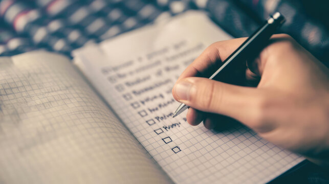 Close-up of a hand writing a checklist on paper.