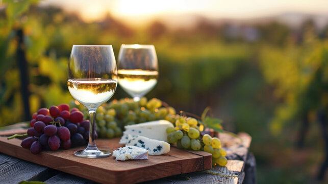 Glasses of wine, cheese and snacks, gourmet picnic in vineyard