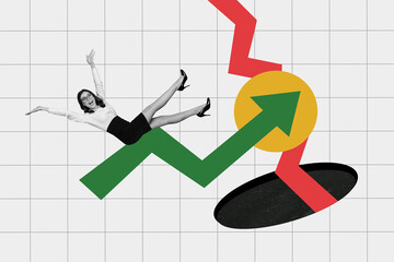Creative photo collage image happy young business girl riding arrow go upwards towards success...