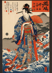 samurai girl with koi fish