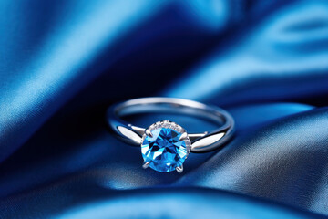 Golden ring with big sapphire or topaz on blue fabric