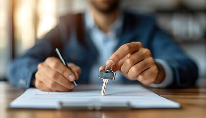 Sales manager hands keys to customer after signing rental lease contract, debt acceptance image - obrazy, fototapety, plakaty