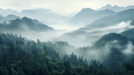 mountainous terrain, serene forested slopes leading to grand peaks shrouded in mist - Generative AI - obrazy, fototapety, plakaty