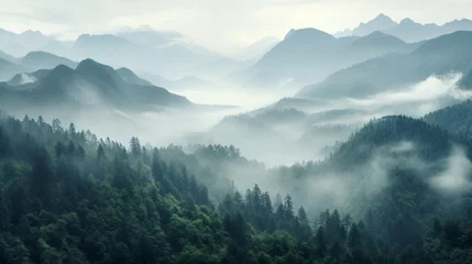 Poster mountainous terrain, serene forested slopes leading to grand peaks shrouded in mist - Generative AI © Huzaifa