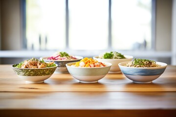 assorted ramen bowls, different flavors in a row - obrazy, fototapety, plakaty