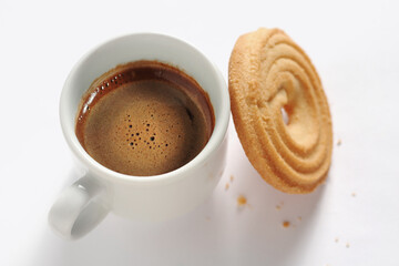 Overhead view of cookie and coffee