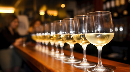 Glasses of white wine on bar counter