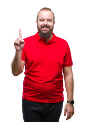 Fototapeta premium Young caucasian hipster man wearing red shirt over isolated background showing and pointing up with finger number one while smiling confident and happy.